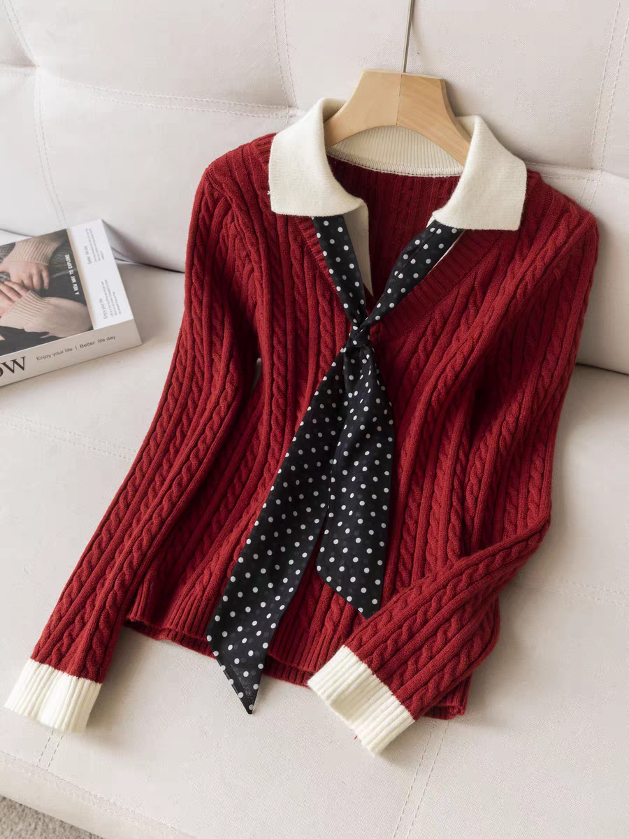 设计感拼接假两件内搭麻花针织毛衣女秋冬复古气质修身洋气上衣,女装/女士精品,毛针织衫,淘宝优惠券,粉丝福利购,淘宝优惠卷