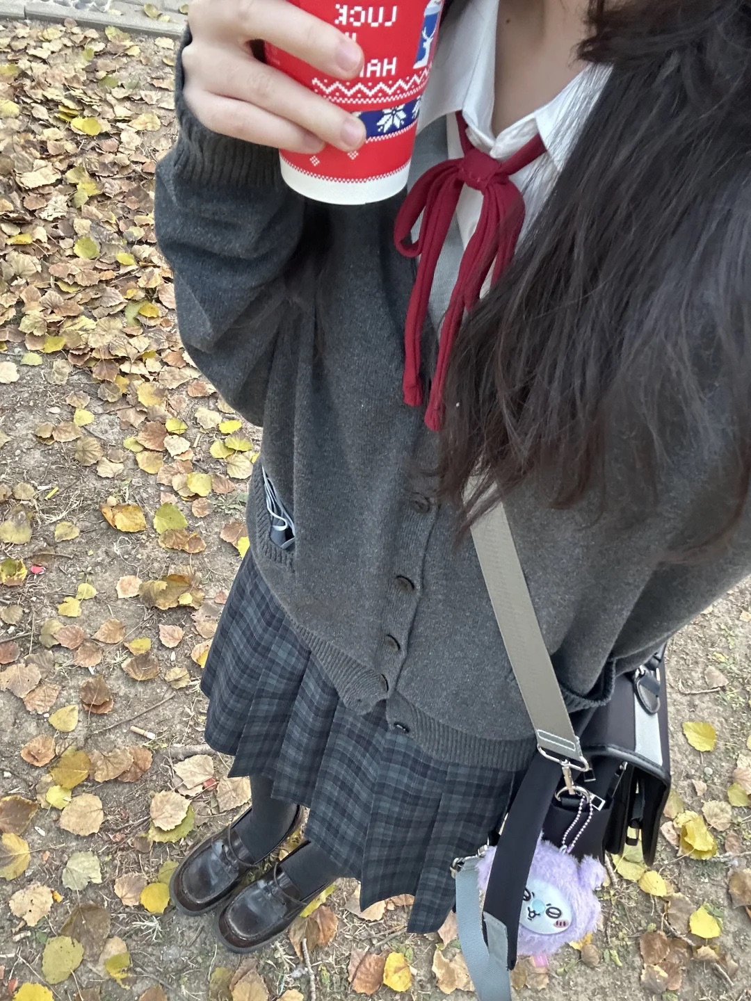 日系原创jk制服秋冬学院风浅灰针织衫叠穿衬衫上衣海苔格裙套装女