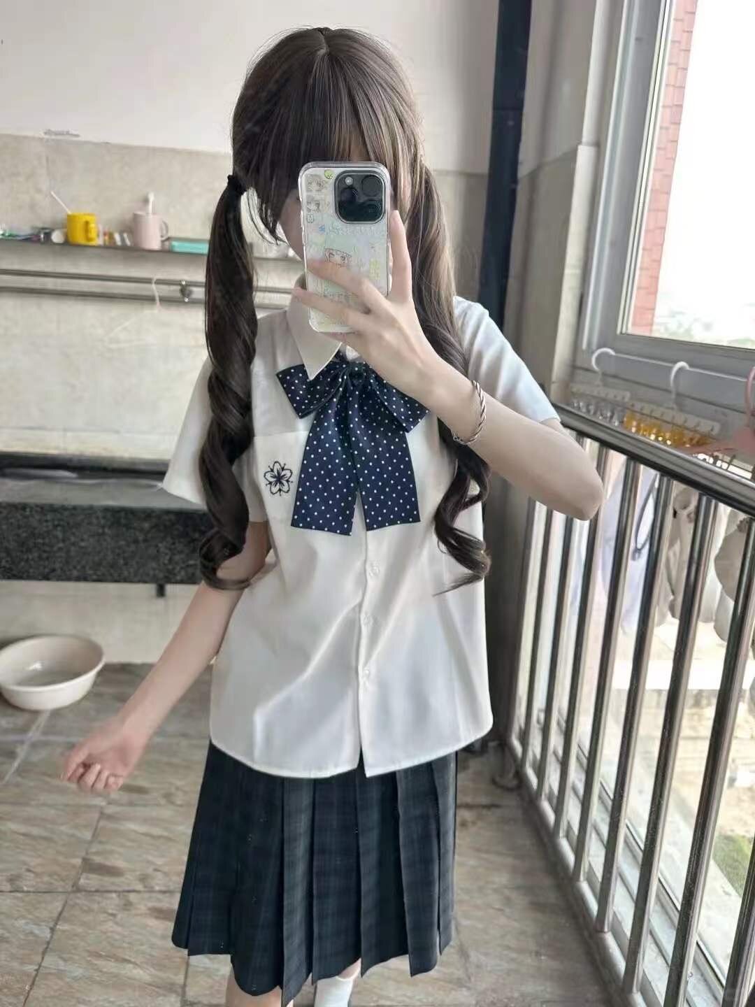 jk制服女学院风基础樱花刺绣短袖衬衫叠穿海苔中裙小个子显瘦套装