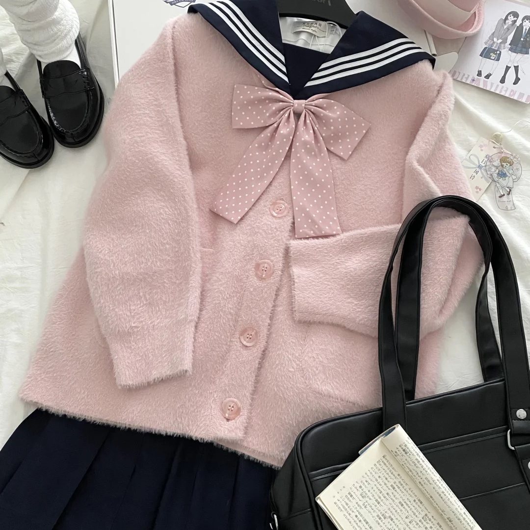 学院风日系粉色毛茸茸开衫女冬季JK制服小个子甜美风秋冬外套
