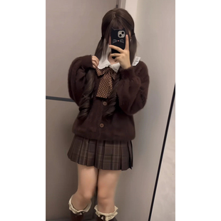 学院风JK制服套装女秋冬日系毛茸茸针织开衫焦糖短褶裙校供感套装