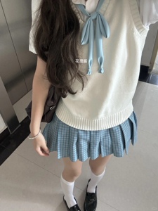 原创正版JK制服学院风马甲针织衫背心松蓝百褶裙校供感jk格裙套装