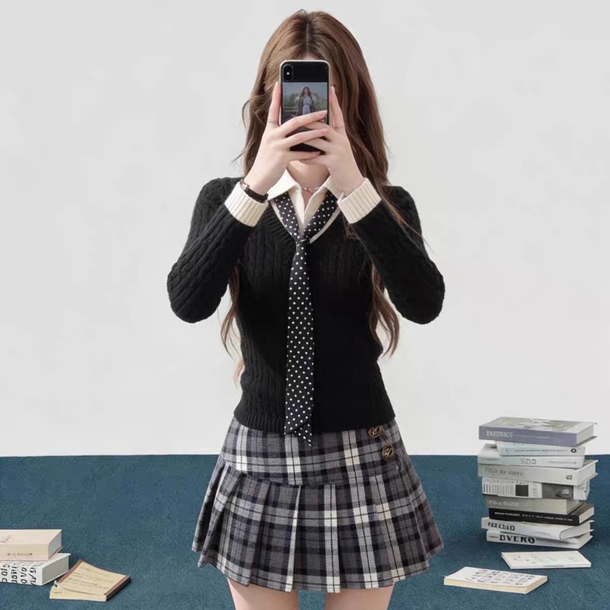 学院风女秋冬新款假两件撞色针织毛衣叠穿校供感百褶格裙日系套装,女装/女士精品,时尚套装,淘宝优惠券,粉丝福利购,淘宝优惠卷