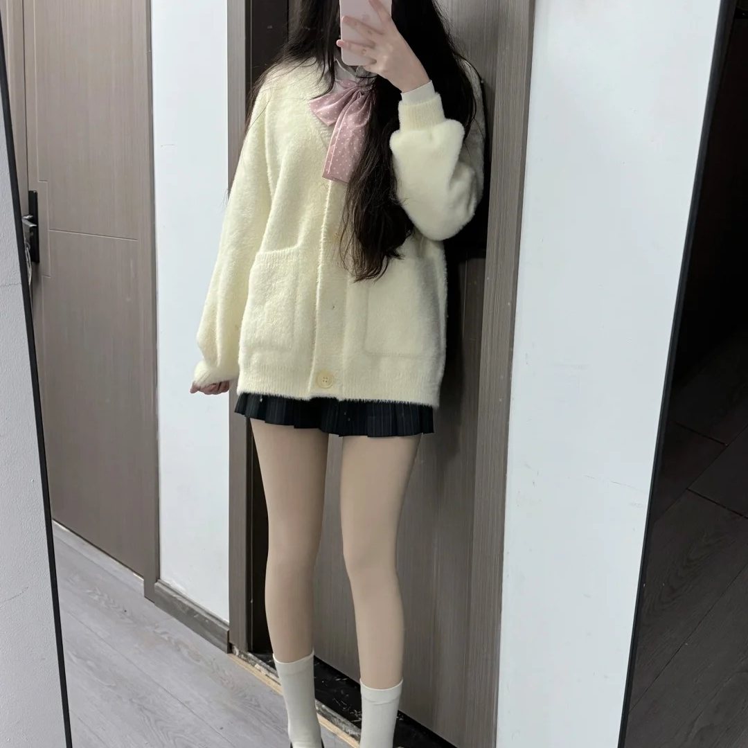 日系学院风JK制服毛茸茸针织开衫甜美百搭校供感毛衣外套
