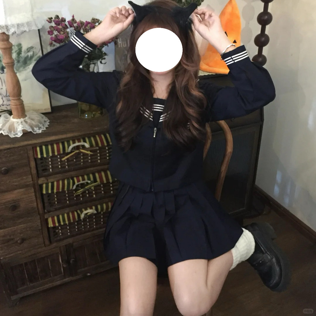 日系JK制服学院风海军领绀三本水手服叠穿绀色短裙校供感套装女