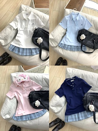 新款日系原创JK制服正版Polo衫甜美学院风收腰刺绣短袖校供感上衣