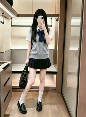 原创jk制服日系学院风灰色马甲背心夏季舒适透气百搭百褶裙裙套装