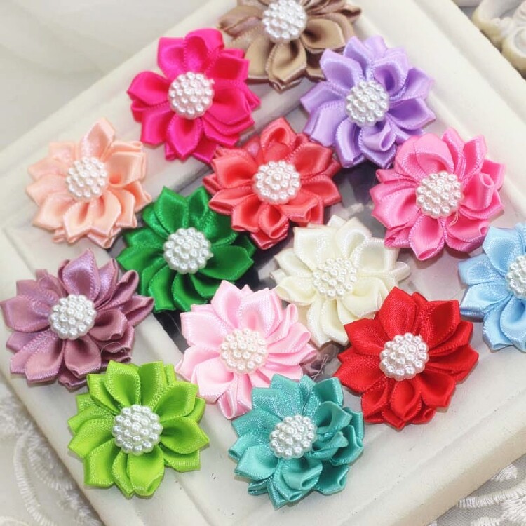 十六瓣缎带手工珍珠小花 服装装饰儿童发饰头饰配件布花缎带花朵