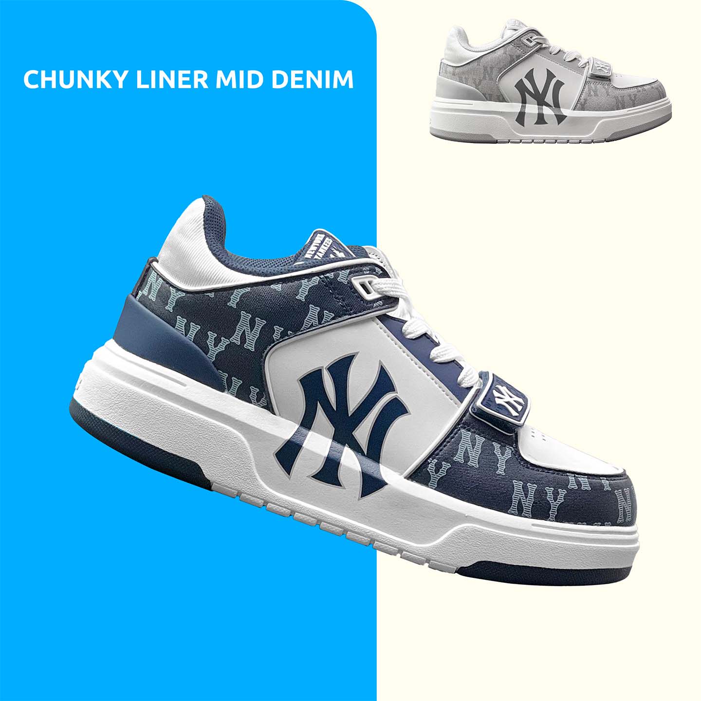 MLB CHUNKY LINER低帮男鞋女鞋厚底增高满印NY大LOGO魔术贴学长鞋