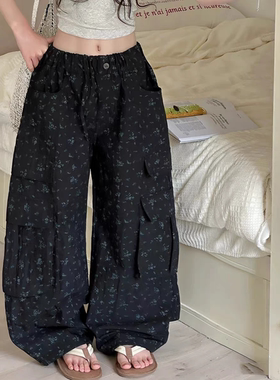 迪悠米女童夏薄款儿童工装裤宽松防纹中大童阔脚裤女孩碎花直筒