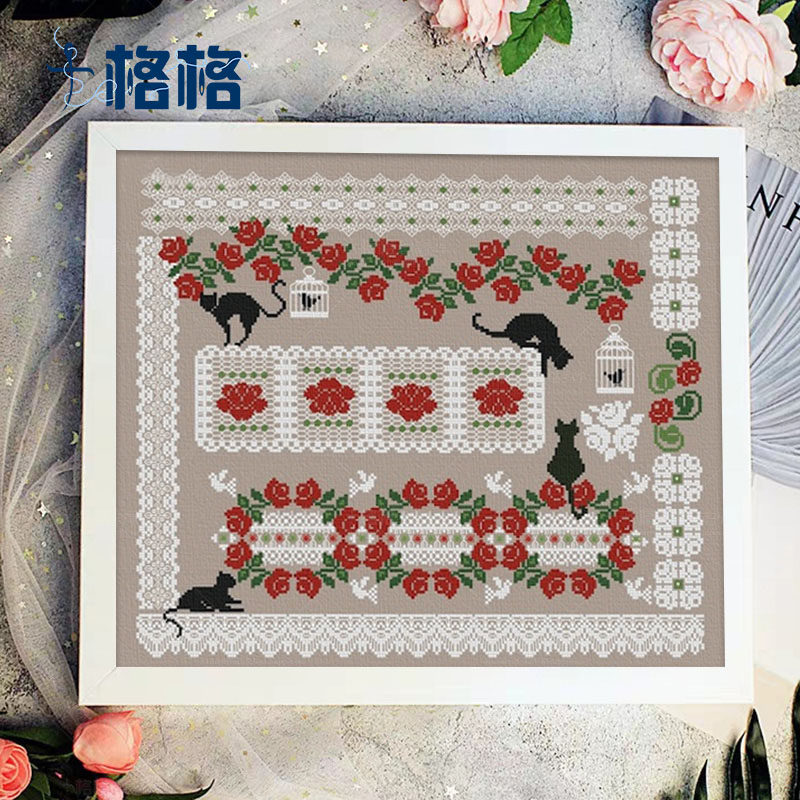 十格格十字绣法国dmc绣线套件店长推荐 花纹图  猫咪 玫瑰花园