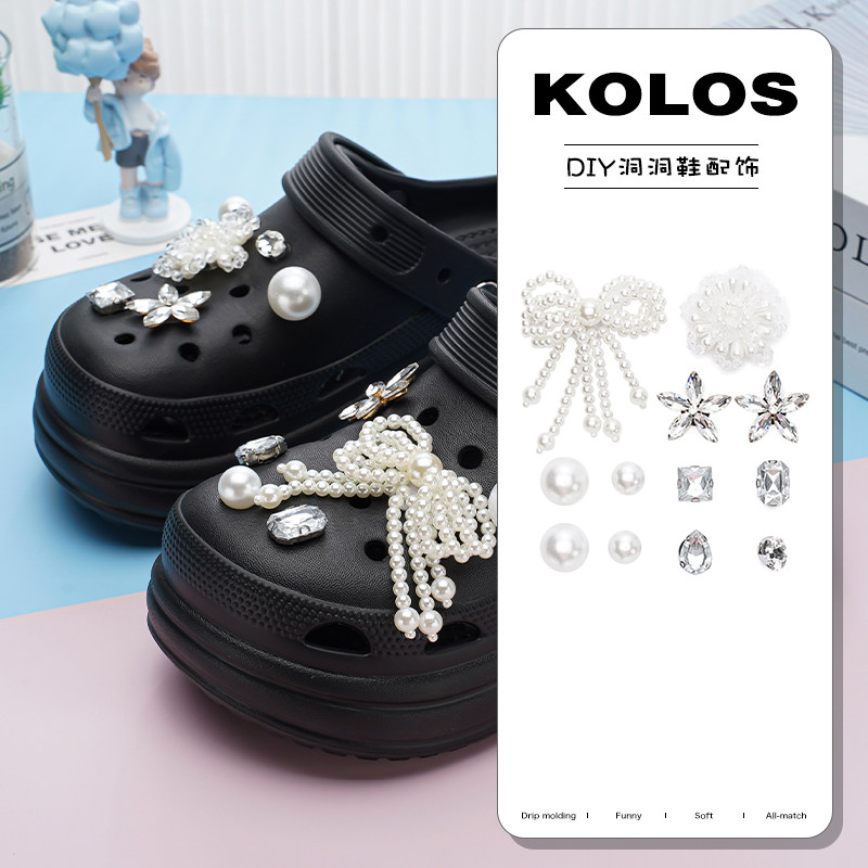 高级感水钻珍珠蝴蝶结鞋花洞洞鞋