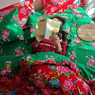 纯棉大花四件套AB版 床上用品套件 被套全棉土潮花布床单复古中式