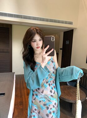 果果家   韩版2026夏季气质碎花吊带连衣裙女防晒开衫两件套