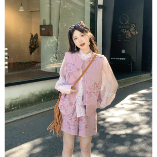 果果家 新中式套装女秋季2025年新款刺绣马甲长袖衬衫短裤三件套