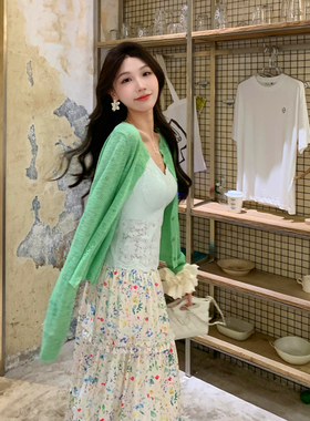 果果家   绿色清新针织开衫女2026年时尚百搭碎花半身裙甜美套装