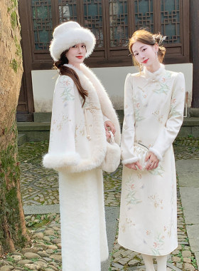 新中式仿狐狸毛羽绒服外套两件套