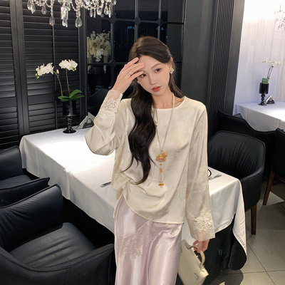 果果家 新中式国风提花衬衫女春季2026年新款内搭圆领打底衫上衣