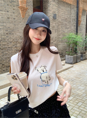 果果家 白色短袖印花t恤女夏季2026新款宽松显瘦百搭短款圆领上衣