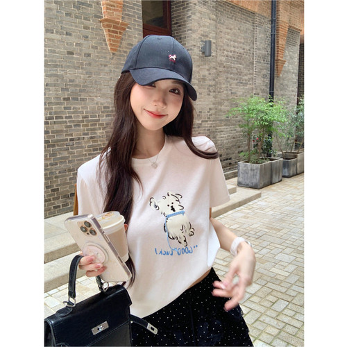 果果家 白色短袖印花t恤女夏季2026新款宽松显瘦百搭短款圆领上衣