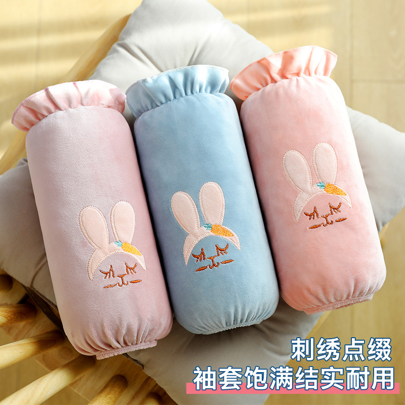瑞雅冬季女士兔耳朵短款绣花绒布袖套学生卡通小兔可选色套袖护袖