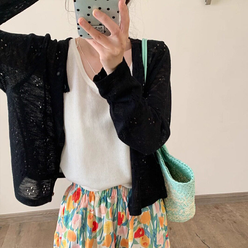 单排扣薄款防晒针织衫女夏宽松显瘦短款长袖罩衫钩花波点白色开衫