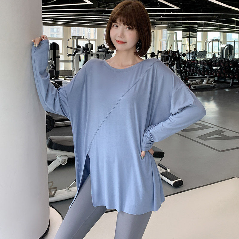 开叉运动上衣女宽松跑步罩衫速干T恤大码胖mm健身服长袖瑜伽上衣