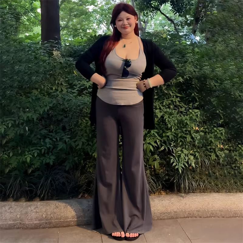 大码胖mm纯欲辣妹风长袖开衫吊带背心女春季微喇叭直筒裤三件套潮