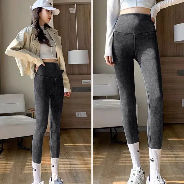 瑜伽服女春季外穿打底鲨鱼裤大码高腰提臀牛仔裤秋冬加厚健身长裤