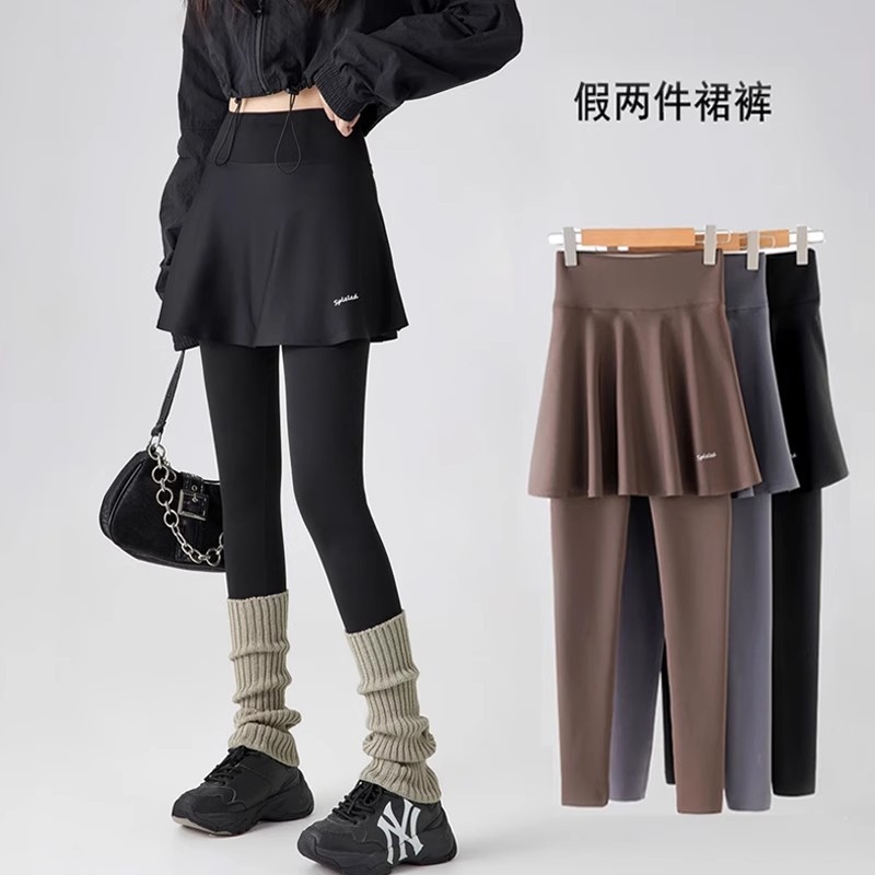 运动户外瑜伽裤女春秋打底裤大码加厚假两件健身裙裤普拉提训练裤