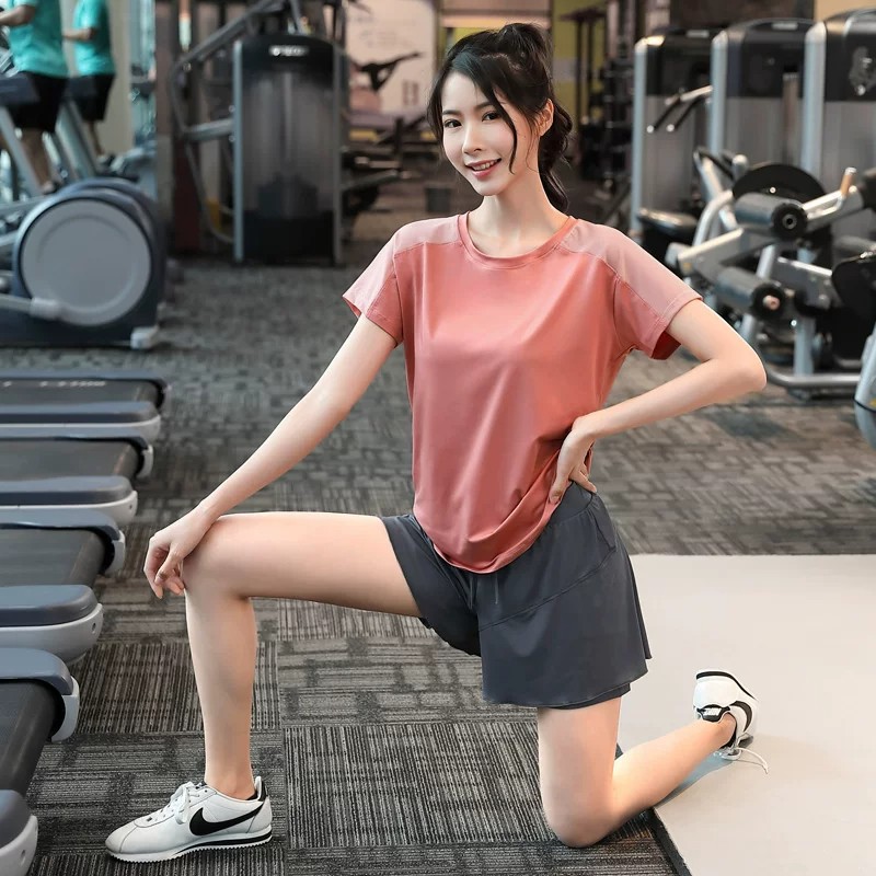 健身服套装女夏季薄款速干上衣运动撸铁普拉提训练假两件瑜伽裙裤