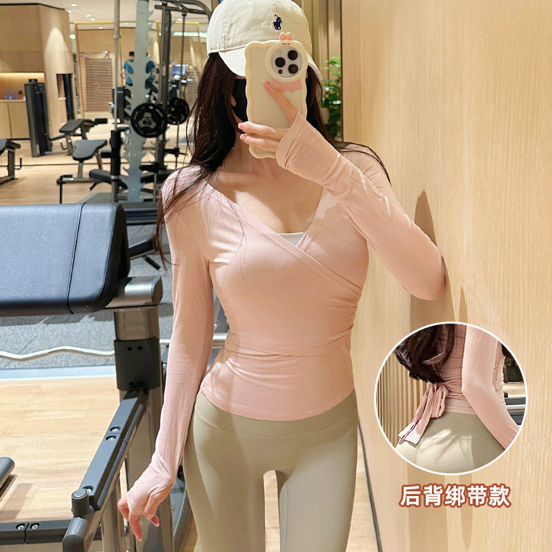 运动套装女普拉提长袖绑带瑜伽服背心大码训练服户外跑步健身上衣