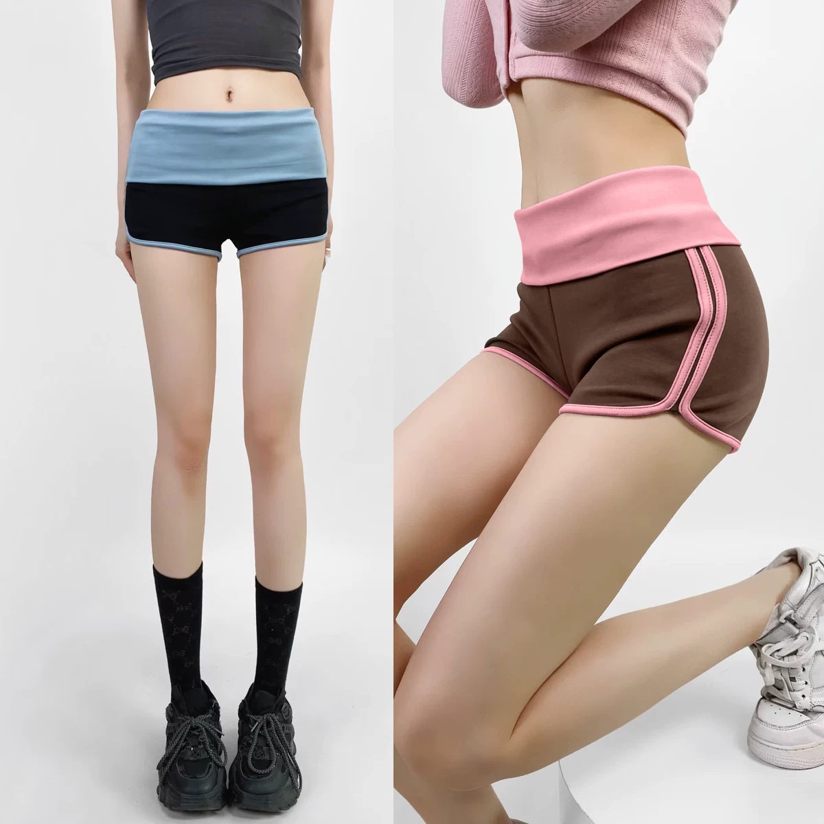 拼色高腰卷边休闲短裤女辣妹运动热裤潮夏季速干紧身显瘦瑜伽中裤