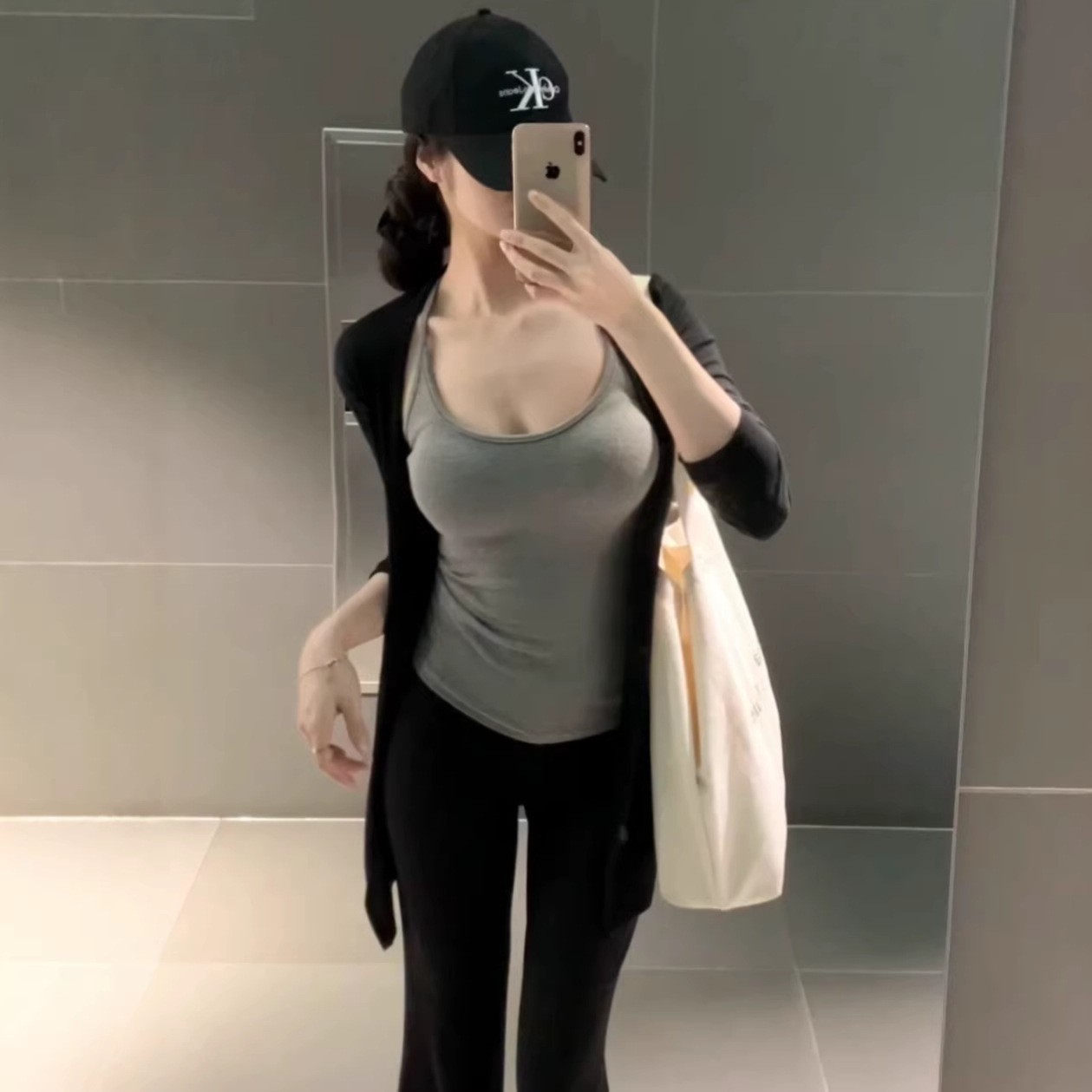 瑜伽套装慵懒黑色长袖针织开衫吊带背心女夏季微喇叭直筒裤三件套