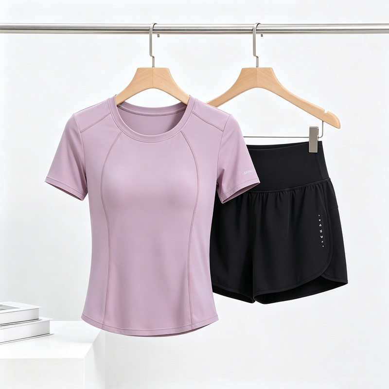 女士健身房训练服后口袋短裤专业晨跑服夏季薄款瑜伽套装短袖速干