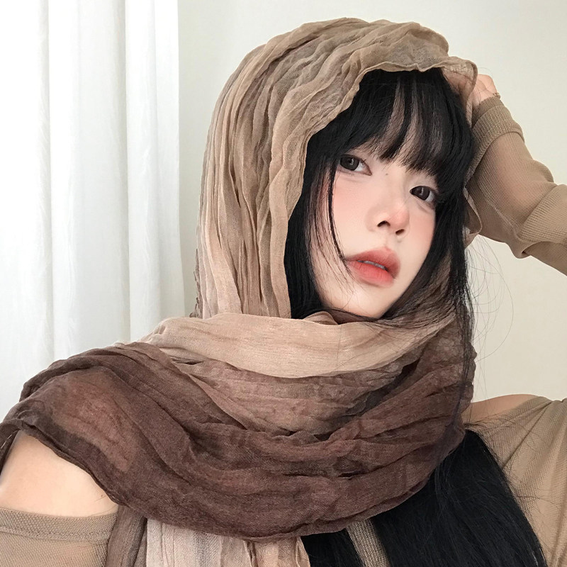 民族风围巾废土风亚麻褶皱渐变头巾沙漠丝巾凹造型辣妹围脖披肩潮