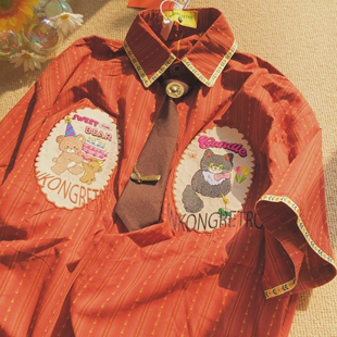 Daiwing 美式复古卡通刺绣短袖衬衫男女夏季宽松百搭情侣休闲衬衣