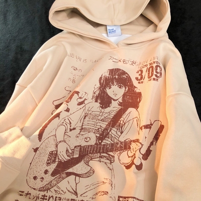 Daiwing 亚文化动漫复古情侣宽松帽衫秋冬男女加绒宽松连帽卫衣