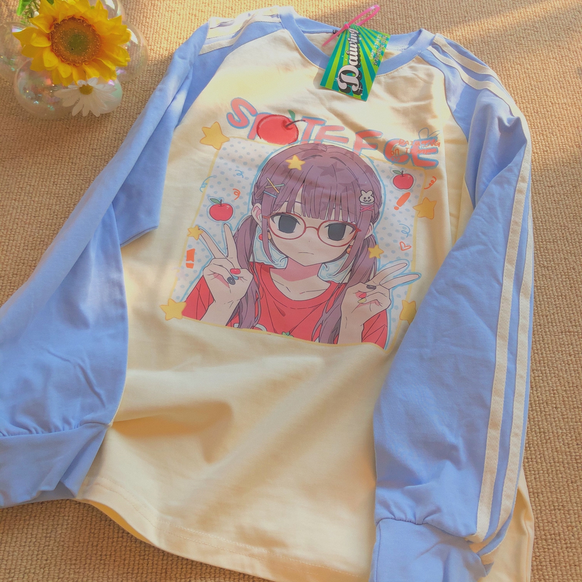 Daiwing 头发都在开心 轻亚风甜妹宅萌宽松长袖t恤秋季拼色上衣