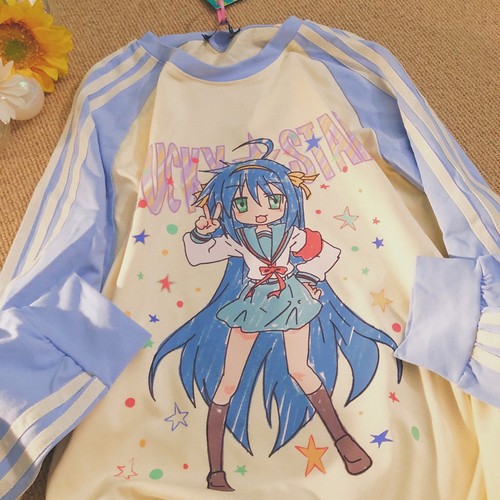 Daiwing 记忆de碎片 秋冬二次元宅萌甜妹卡通系带宽松拼色长袖t恤