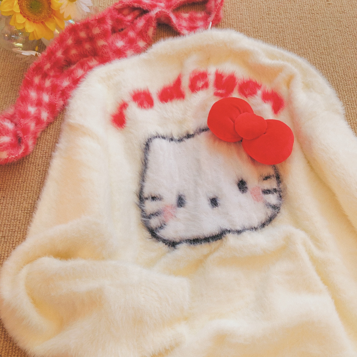 Daiwing 两件套格纹围巾情侣针织衫秋冬蝴蝶结刺绣甜妹慵懒毛衣