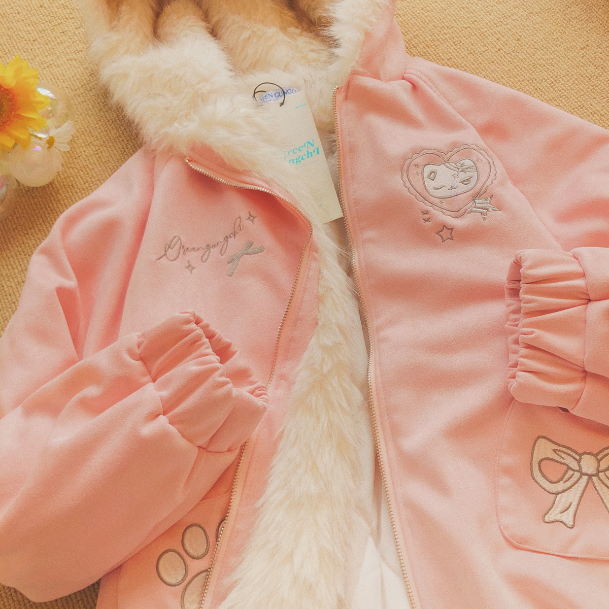 Daiwing 亚文化甜美猫耳朵连帽刺绣棉服冬季情侣可爱夹棉拉链外套