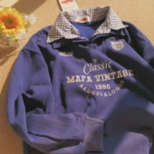 Daiwing 蓝色外套 宽松长袖 美式 复古字母印花翻领卫衣男女情侣装