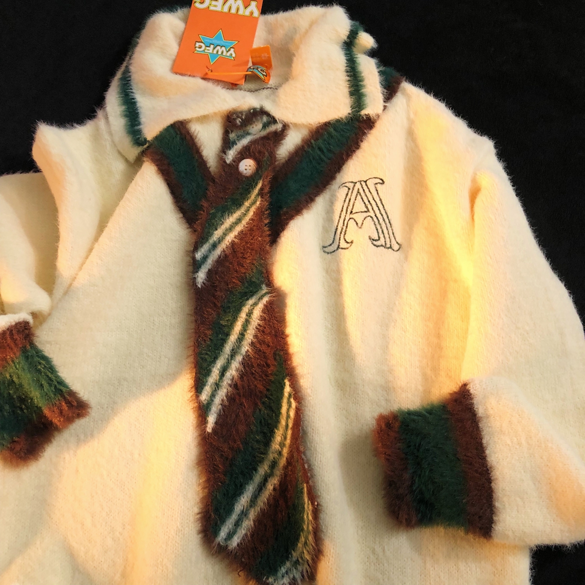 Daiwing 美式学院条纹领带翻领毛衣情侣日系古着慵懒马海针织衫