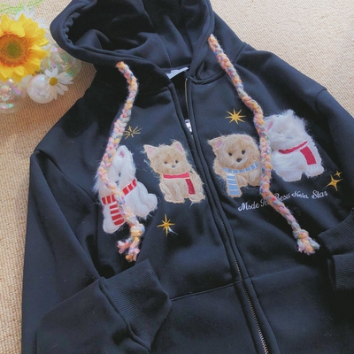 Daiwing 美式小狗刺绣情侣宽松连帽卫衣秋冬拉链男女宽松休闲帽衫