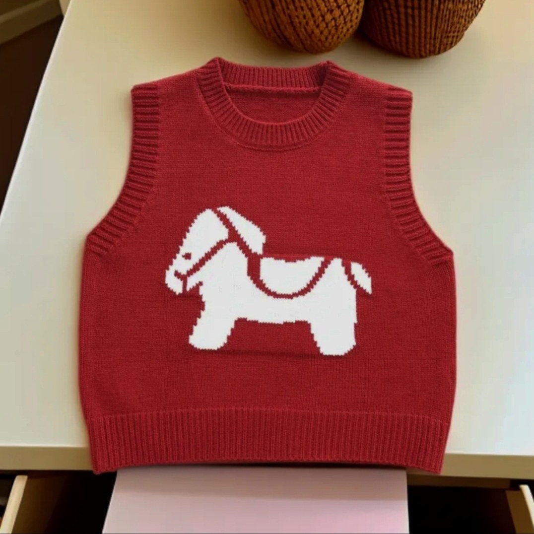 本命年马年儿童红色马甲百搭男女宝宝韩版无袖春秋冬款针织背心