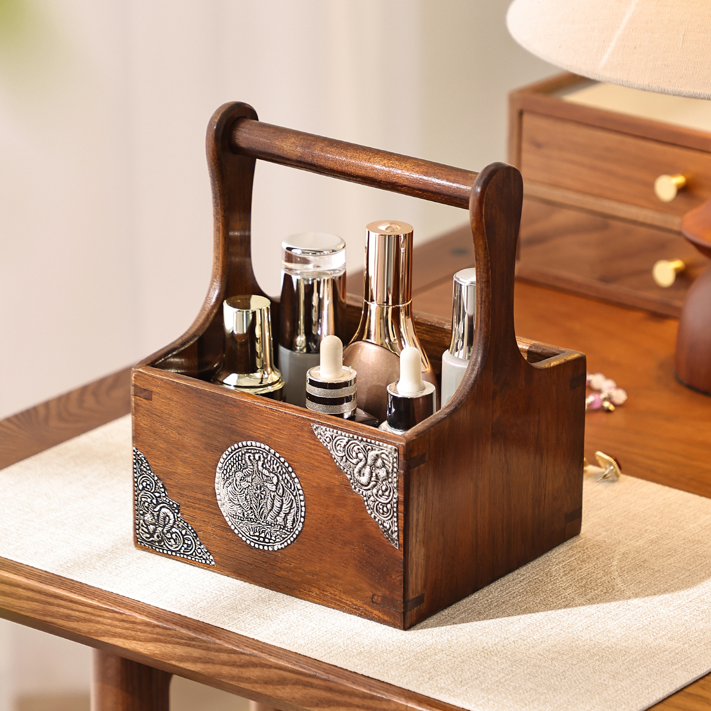 异丽实木桌面收纳盒复古护肤品