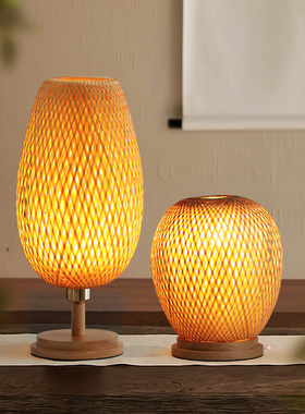 异丽日式侘寂风竹编台灯卧室床头灯茶室古风禅意复古新中式氛围灯