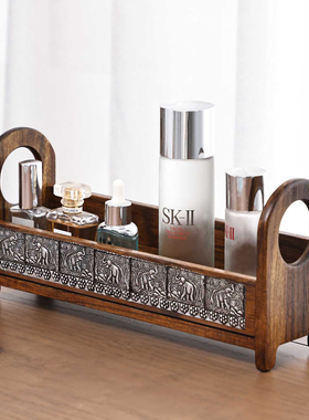 复古实木桌面化妆品收纳盒浴室卫生间洗手台台面香水护肤品置物架
