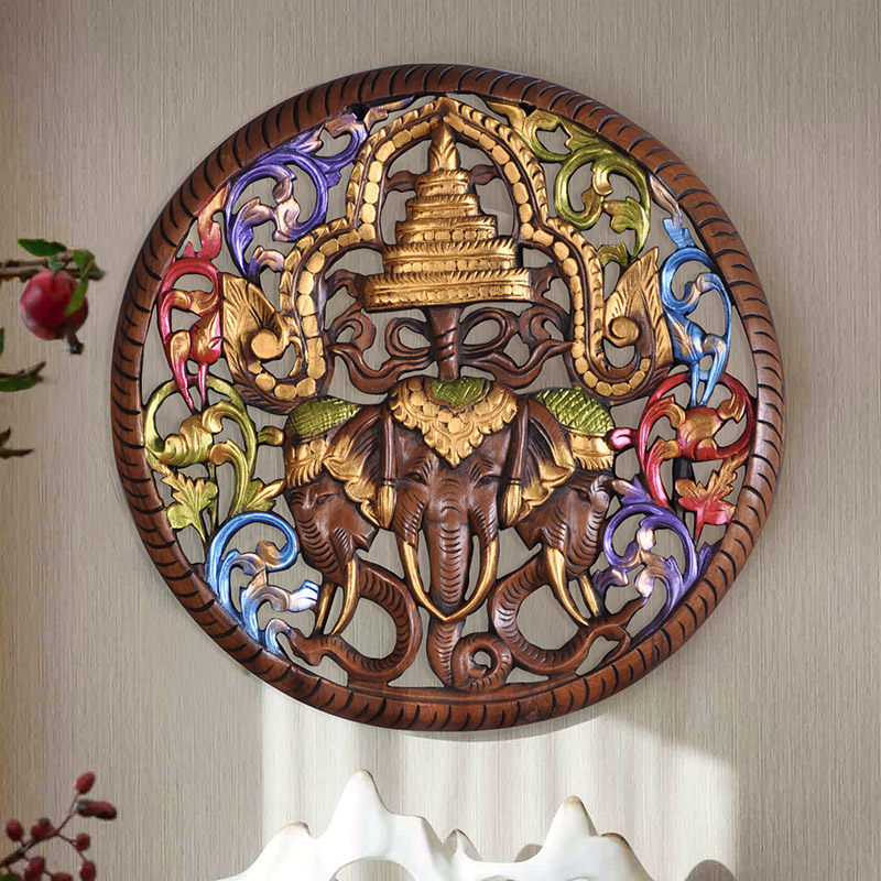快速发货泰国工艺品雕花板挂件东南D亚木雕壁挂客厅玄关过道大象